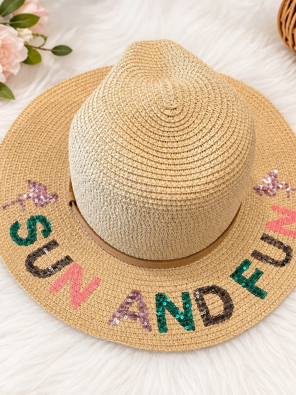 Simply Southern NWT Sun & Fun Sequined Straw Fedora Beach Hat Resort Vacation